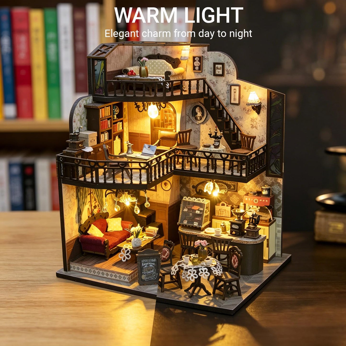 DIY Miniature House Kit, Fairy Dollhouse for Adults to Build, Mini Home Building Kit with Wooden Furniture & LED Lights,Garden Detials, Gift for Family and Friends (Fortunate Encounter Café)
