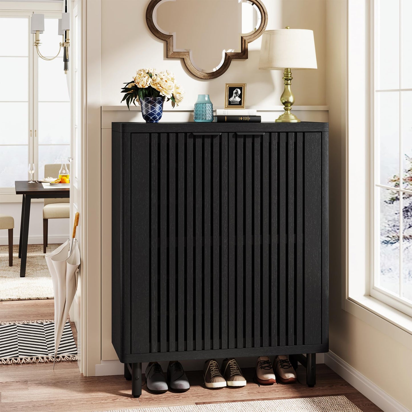Tribesigns 6-Tier Shoe Cabinet with Louvered Doors, Large Wooden Shoe Storage Cabinet with Adjustable Shelves, Modern Freestanding Shoe Organizer Cabinet for Entryway, Hallway (Black)