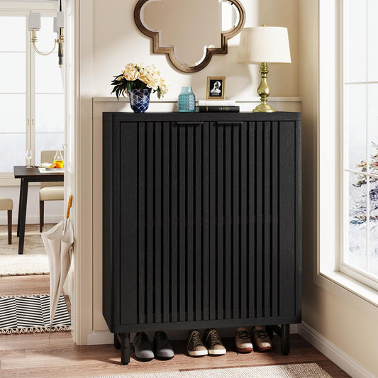 Tribesigns 6-Tier Shoe Cabinet with Louvered Doors, Large Wooden Shoe Storage Cabinet with Adjustable Shelves, Modern Freestanding Shoe Organizer Cabinet for Entryway, Hallway (Black)