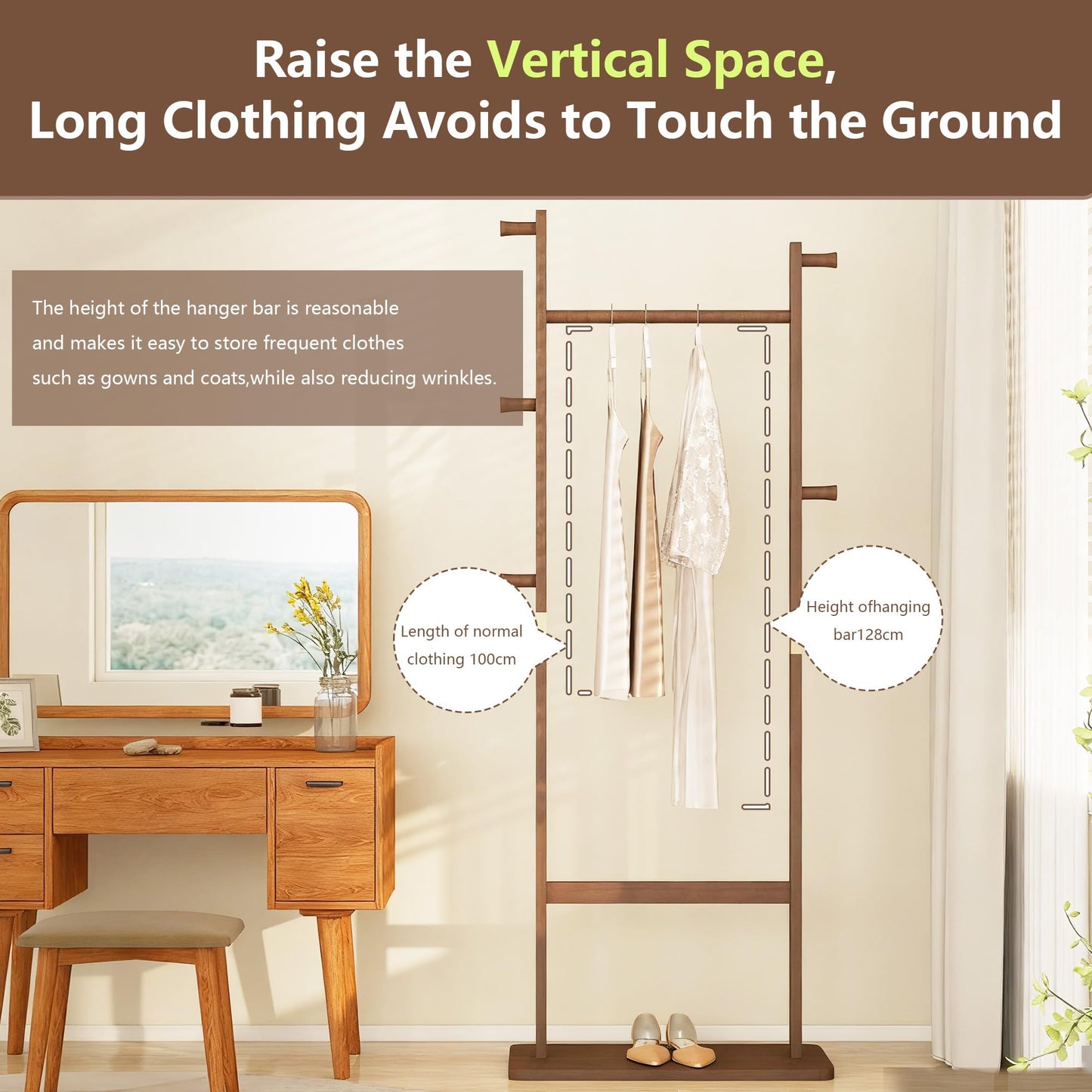 Fmlud Solid Wood Coat Rack, Freestanding Clothes Racks with Shelf, Entryway Coat Rack for Hanging Clothes, Wooden Clothing Rack for Corner, Living Room, Bedroom, Hotel