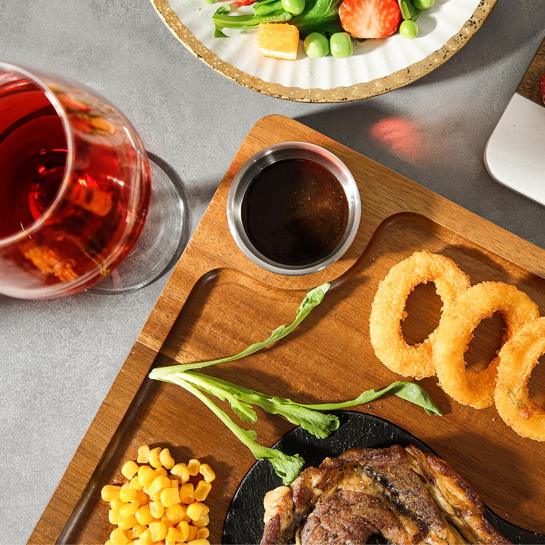 HALE OTEIR Acacia Wood Steak Plates - Steak Plate Cutting Board 2 Sauce Cups for Meat Cheese Appetizers, Wood Serving Board, Charcuterie Board Platter Perfect for Housewarming, Christmas, Mother's Day