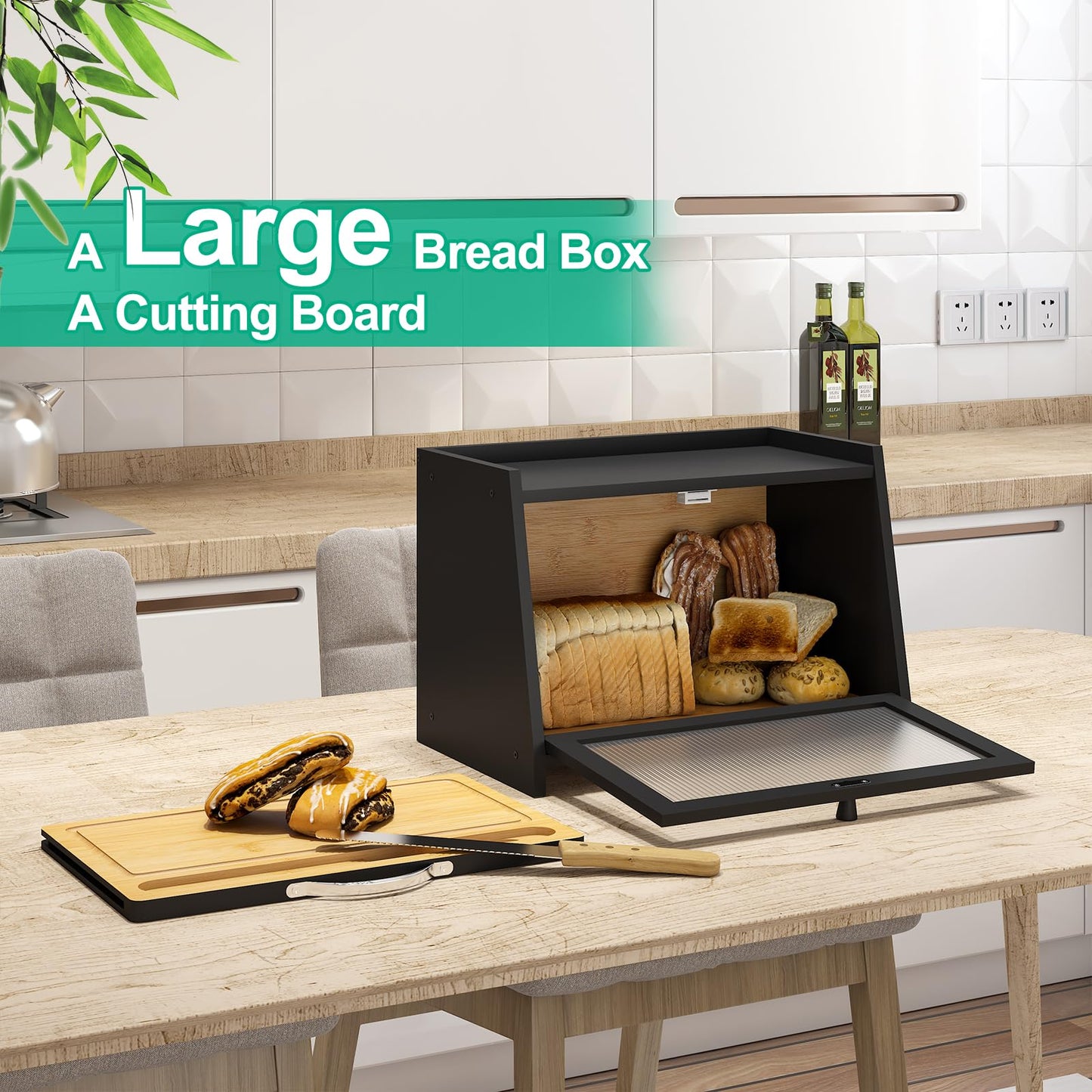 kiplant Bread Box with Cutting Board, Bamboo Bread Box for Kitchen Counter, Bread Storage Container with Wavy Arcylic Transparent Door (Black)
