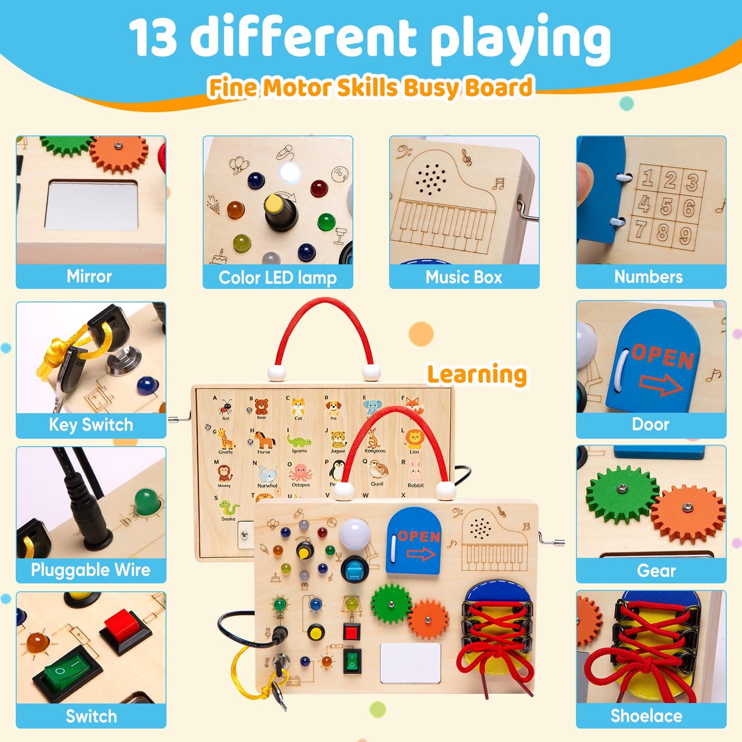 GNAYUIJ Montessori Busy Board,Wooden Sensory Board Toys for 1 2 3 Years Old,Toddlers Activity Travel Toy with LED Light Switches & Music Boxes for Boy & Girl Birthday Gift