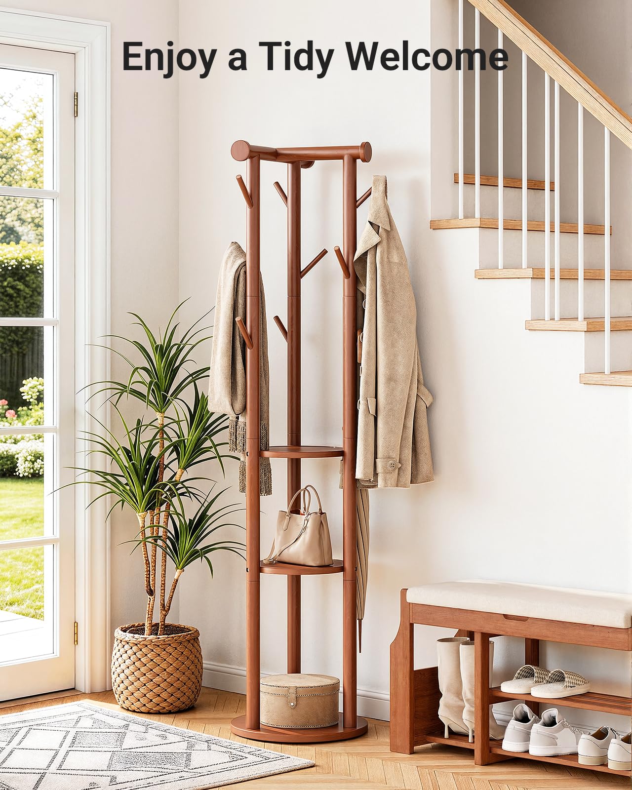 Pipishell Coat Rack Freestanding, Rolling Pine Wood Coat Tree with Wheels, 9 Hooks, T-Shaped Top & 3-Tier Shelves for Entryway, Hallway, Bedroom, Hall Tree for Coats, Bags, Hats & Scarves
