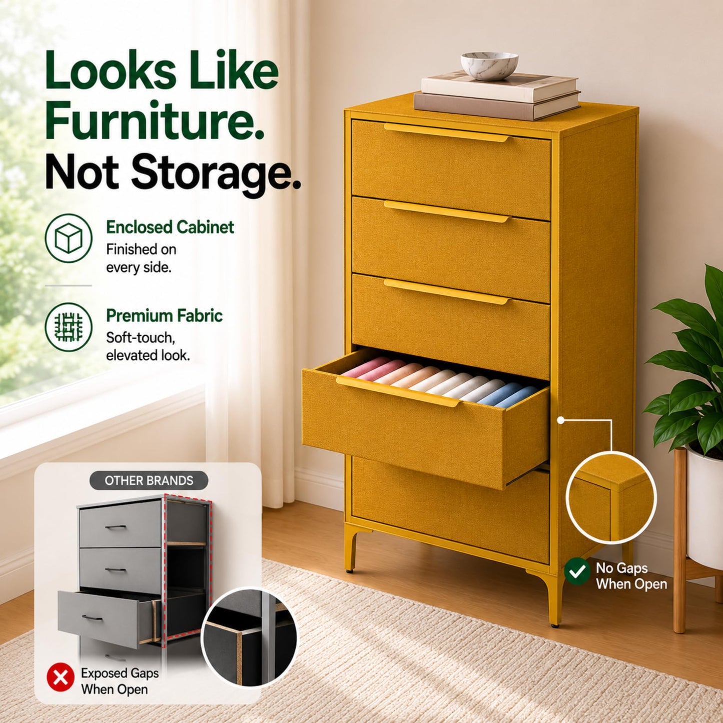 tinge Naima Premium Fabric Dresser - Strong Metal Frame, 5 Spacious Sag-Proof Drawers with Sleek Metal Handles - Premium & Durable Storage Solution for Your Home (Yellow)
