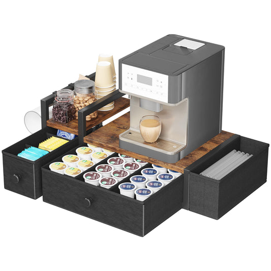 Homeiju Coffee Pod Drawers - K Cup Organizer, Nespresso Pods Holder with Mug Rack, Coffee Holder for Countertop, 52 Capacity Pods, Suitable for Kitchens, Offices and Coffee Bars(Brown)
