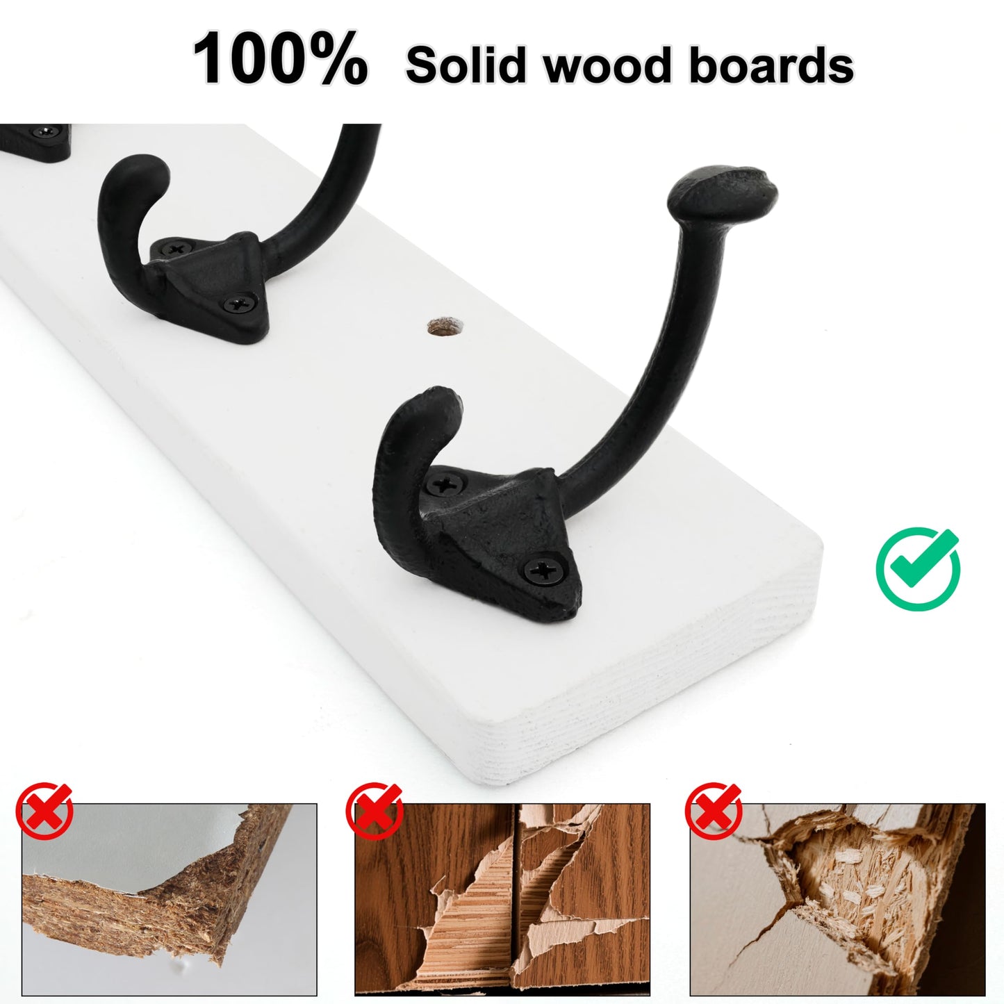 WEBI Rustic Coat Rack Wall Mount,30" Long 7 Cast Iron Coat Hooks Wall Mounted,Heavy Duty Farmhouse Wood Coat Hanger Wall Vintage Hooks for Hanging Jacket,Clothes,Backpack,Black on White,2 Packs