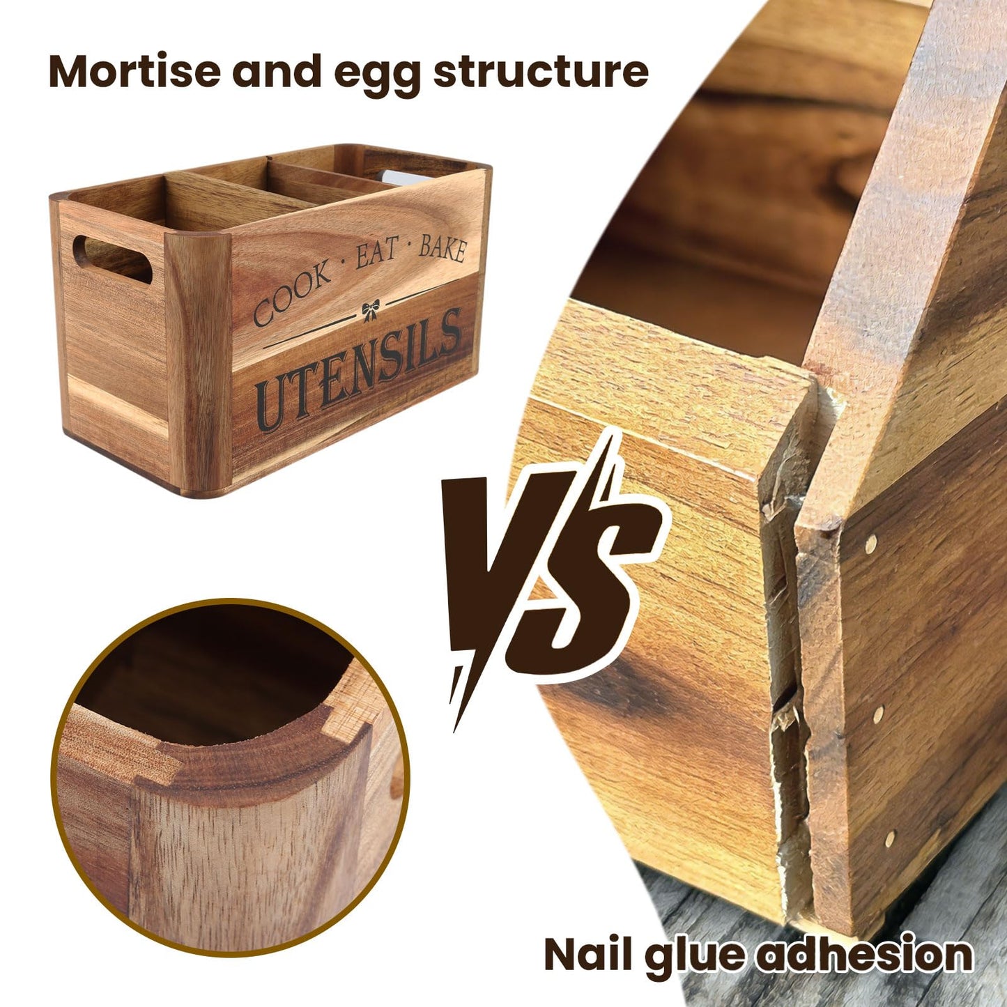 RMCOKGX Utensil Holder for Kitchen Countertop - Extra Large 3 Compartment Wooden Organizer in Acacia Wood, Storage for Cooking Tools and Cutlery, Farmhouse Style for Home Cooking