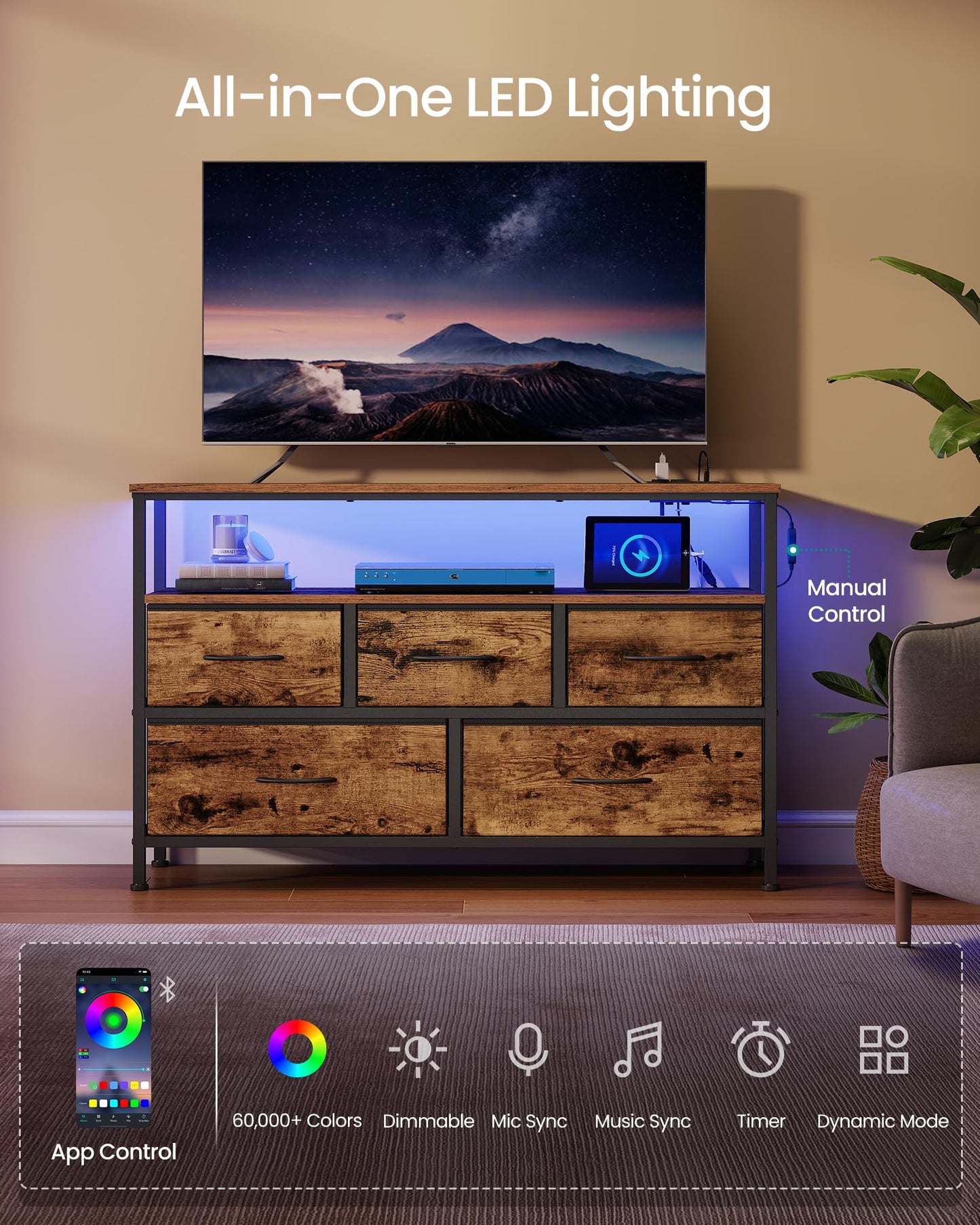 SONGMICS BELLAH Collection - Dresser for Bedroom with App-Controlled LED Lights and Charging Station, Chest of Drawers, TV Stand, 5 Drawers, Shelf, Industrial, Rustic Brown and Ink Black ULGS723KD05S