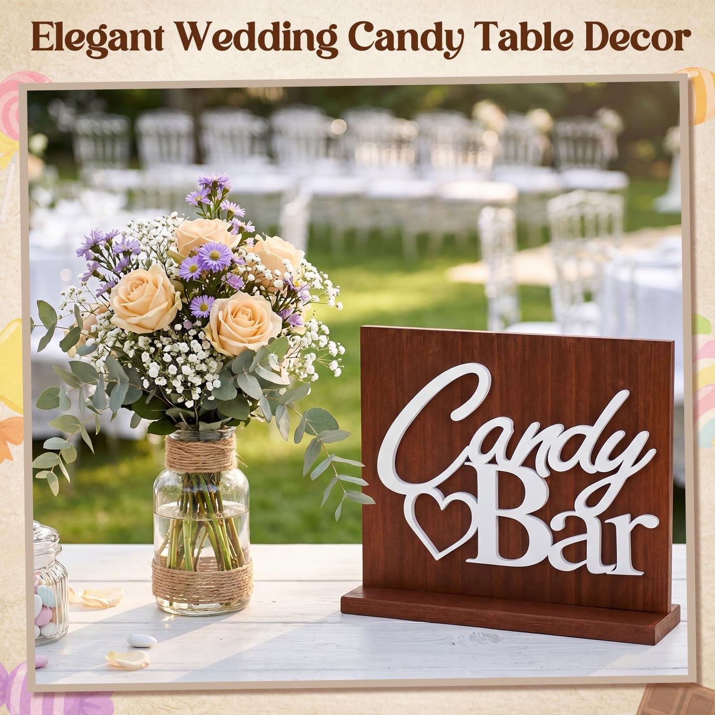 Novabright Candy Bar Wooden Sign with Rustic Wood Backboard & Stable Base, Freestanding Sweet Candy Bar Dessert Table Decor, Centerpiece with Stand for Wedding, Birthday, Bridal Shower & Party