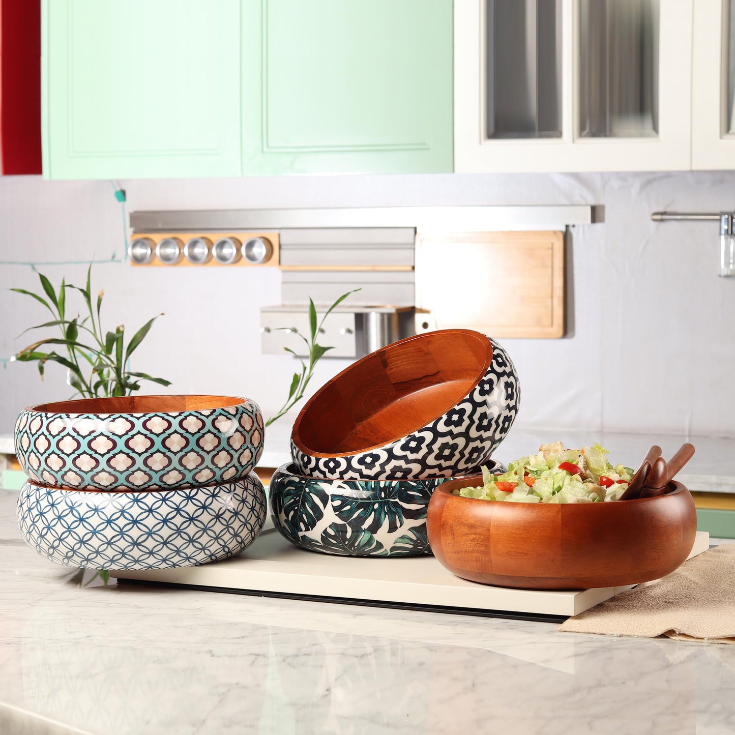 LAVAUX DESIGNS Extra large Wooden salad Bowl with 2 servers | 12x4 inches | 4.5 quarts capacity | Food safe salad serving bowl | (Natural Finish)