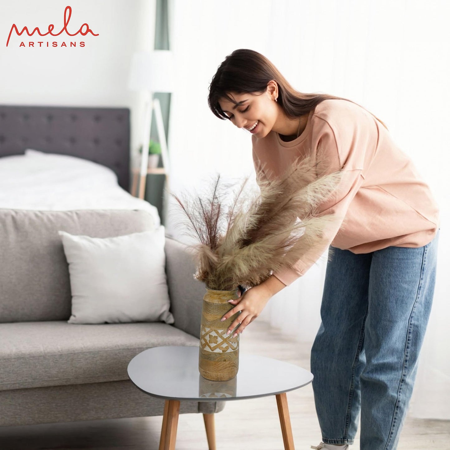 Mela Artisans Mollem 12" Mango Wood Vase with 3.6" Top Opening – Wooden Flower Vase with Medium Burnt Finish for Entryway Decor, Dining Table Centerpiece & Rustic Home Decor