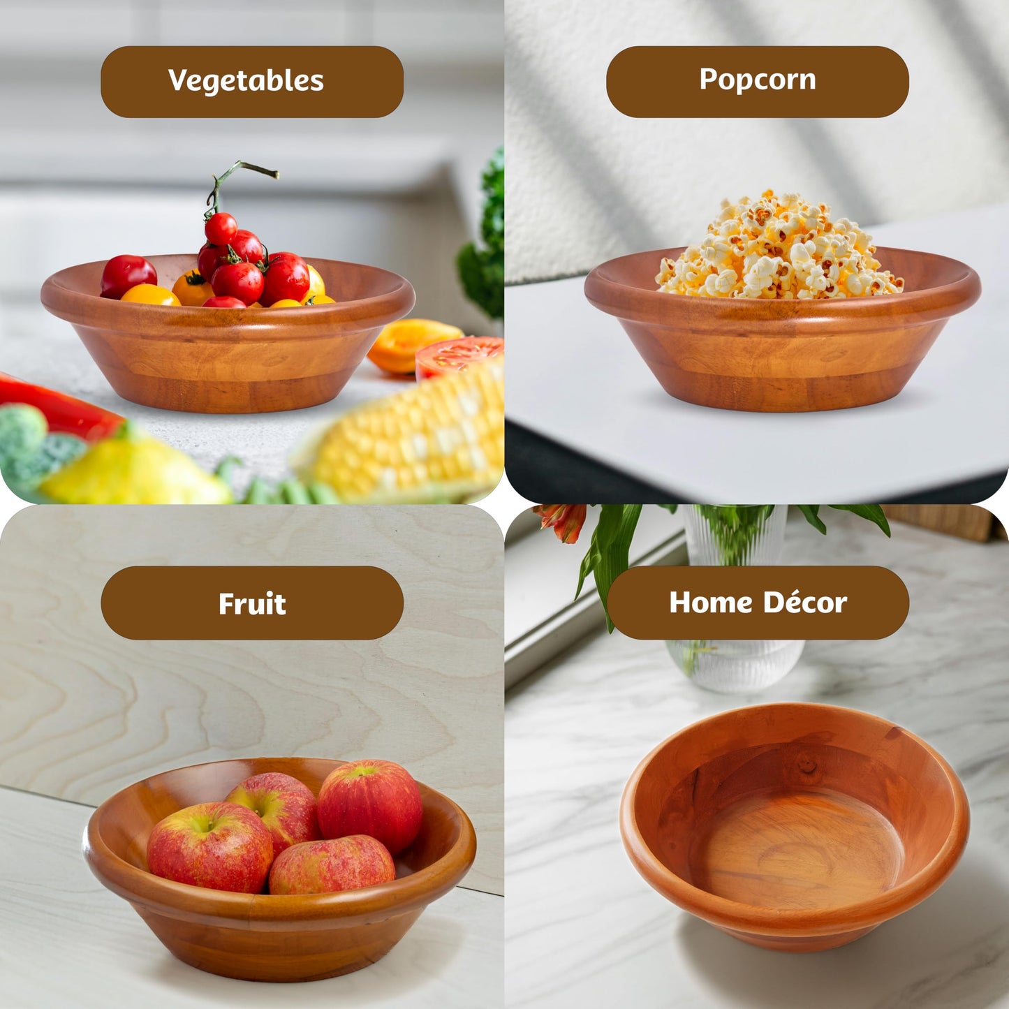 VieWood Wooden Salad Bowls, 8 Inch Set of 4 Wood Bowls for Serving Food, Salad, Dessert, Home Decor, Food Safe - Lightweight, Sturdy & Durable