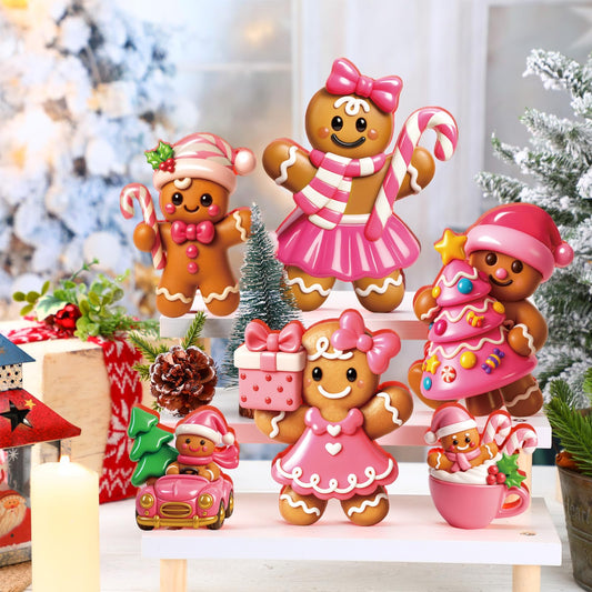AceOrbit 6 Pcs 8 Inch Large Gingerbread Man Christmas Table Decoration Wooden 3D Gingerbread Figurines Xmas Table Centerpieces Rustic Vintage Sign Block Decor for Xmas Party Mantel Village(Pink Girl)