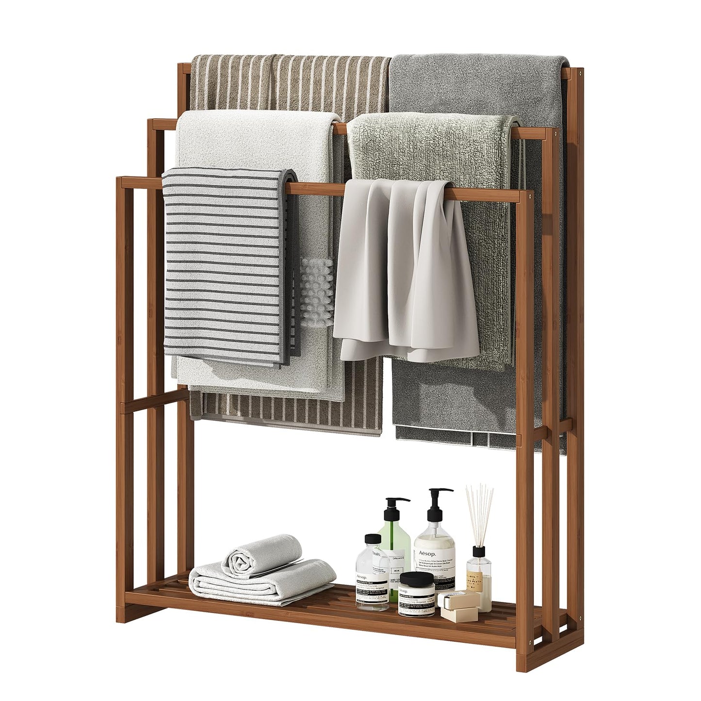 oakvivo 39.3'' Tall Freestanding Towel Rack, 3 Tier Blanket Racks with Shelf, Bamboo Towel Drying Rack for Laundry Bathroom Hand Towels Blanket Holder (Walnut)