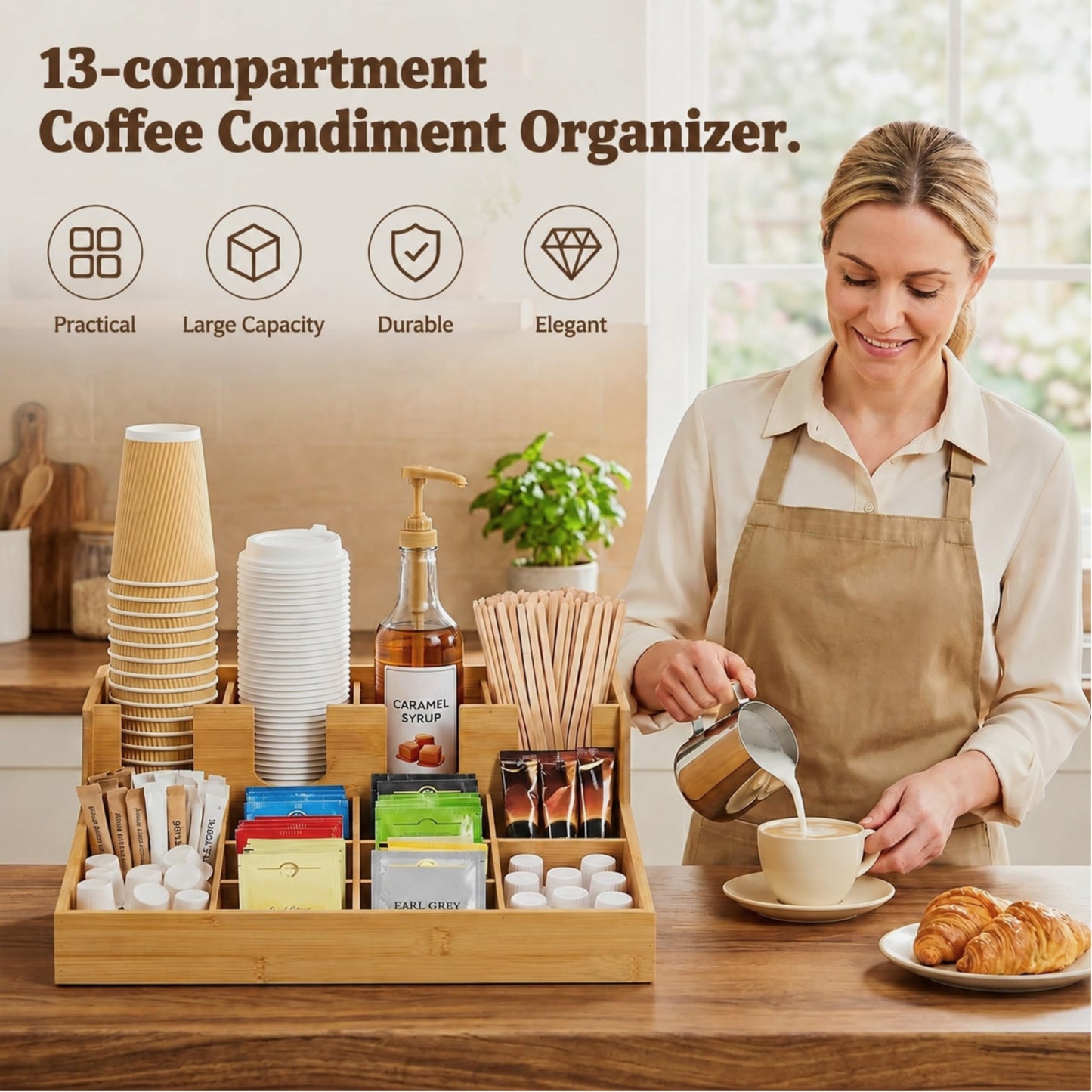 Mezchi 13-compartment Coffee Condiment Organizer, Bamboo Tea Station Organizer Caddy for Countertop, Coffee Bar Storage Accessories for Tea Bags, Cups, Pods, Creamer, Syrup