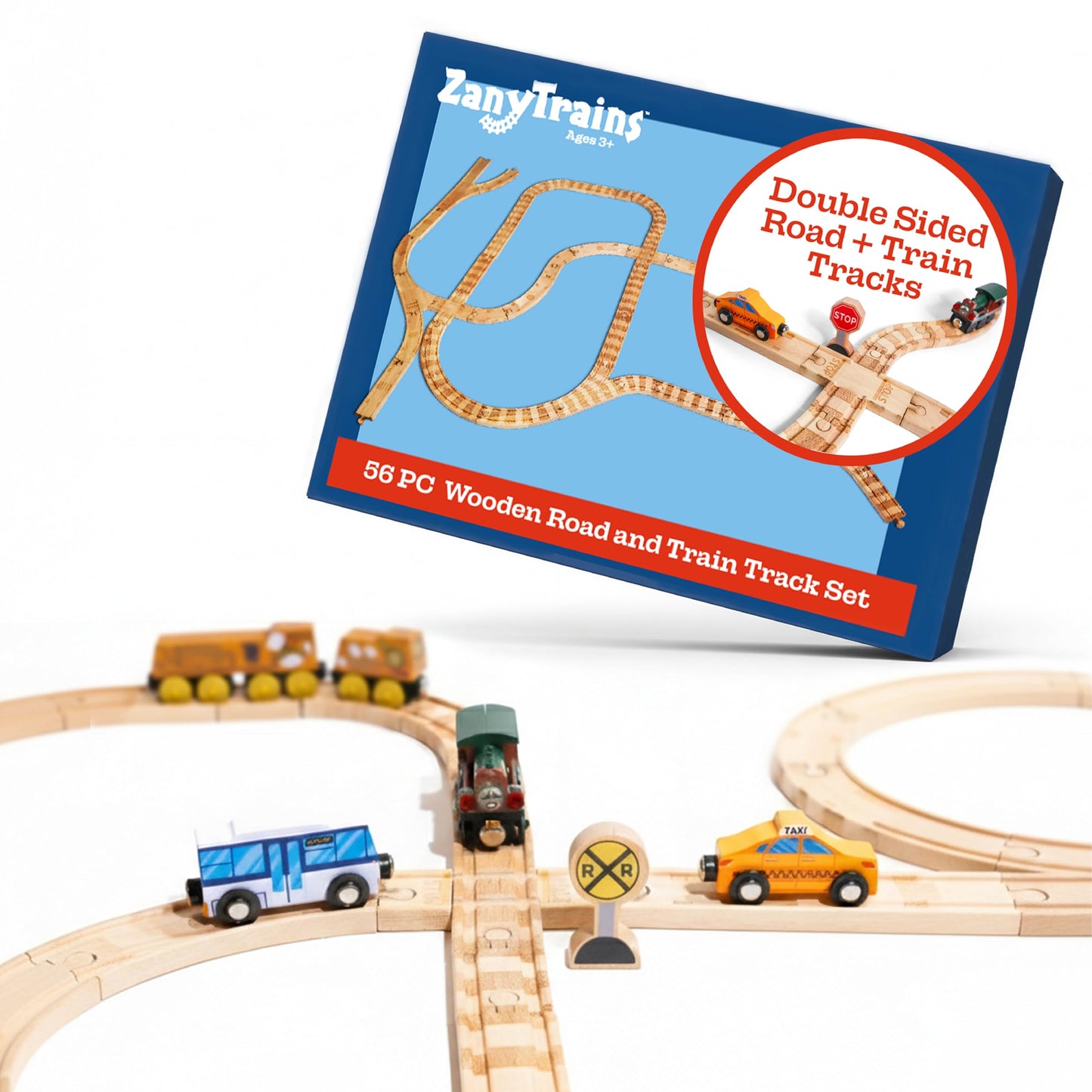 56 Piece Wooden Street and Train Track Set - for Wooden Vehicles and Trains - Train Track Accessories Compatible with All Wood Train Track Sets