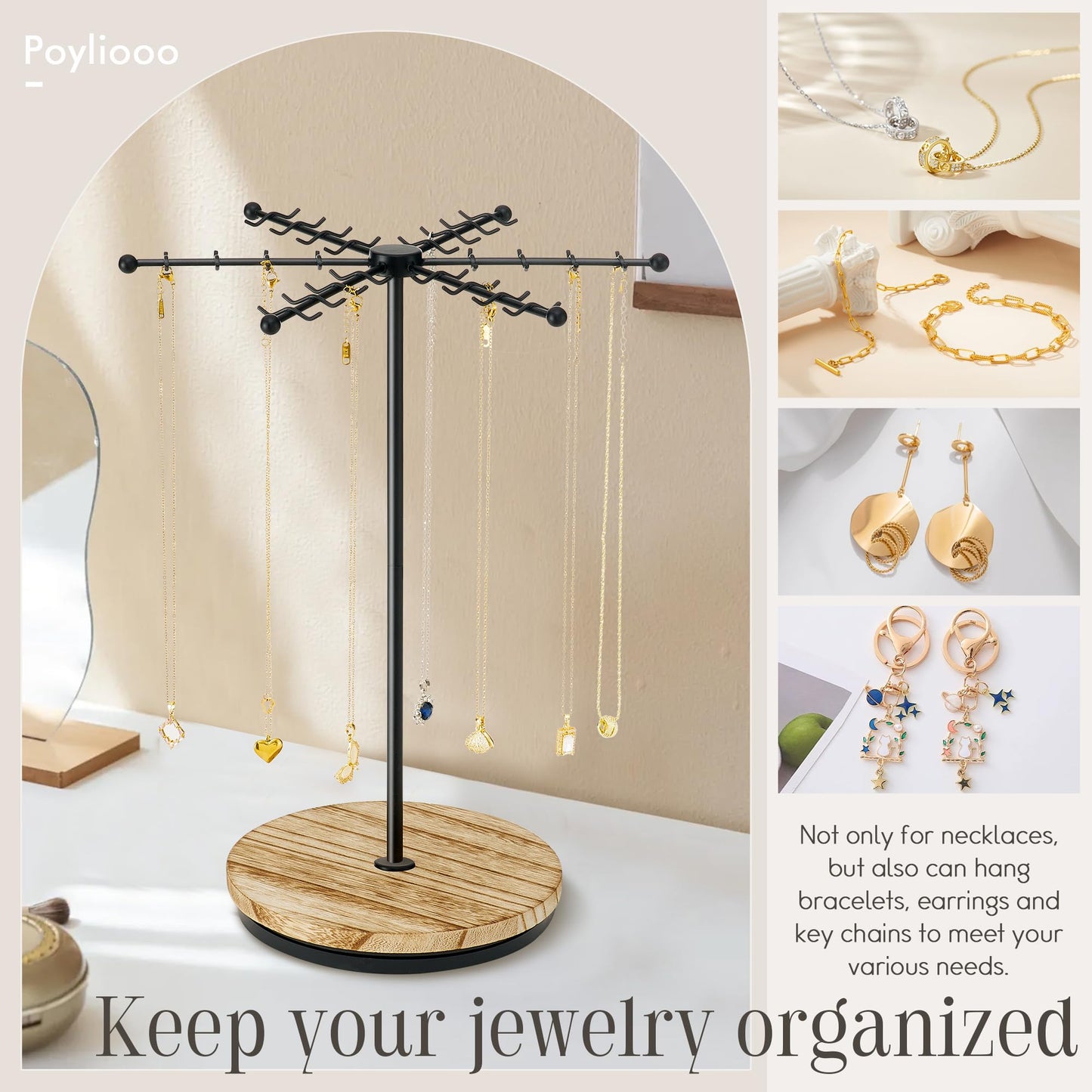 Poyilooo Necklace Holder Jewelry Stand, Rotating Necklace Holder Organizer with 48 Hooks for Necklace Earring Keychains Bracelet Display Stand, Metal Necklace Tree Stand -Gifts for Women (Black)