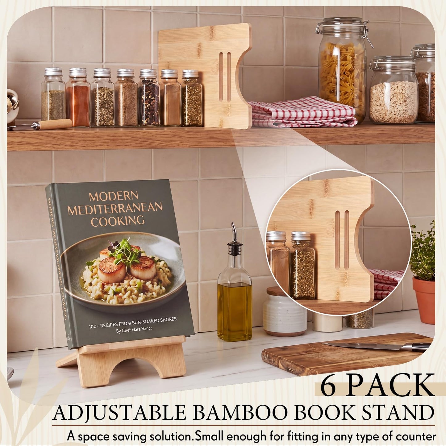 Novabright 6 Pack Adjustable Bamboo Cookbook Stand for Kitchen Counter 8 x 5 Inch Wooden Cookbook Holder for Recipe Book, Tablet, Reading, Desk Magazine Display Rack for Home Office Kitchen