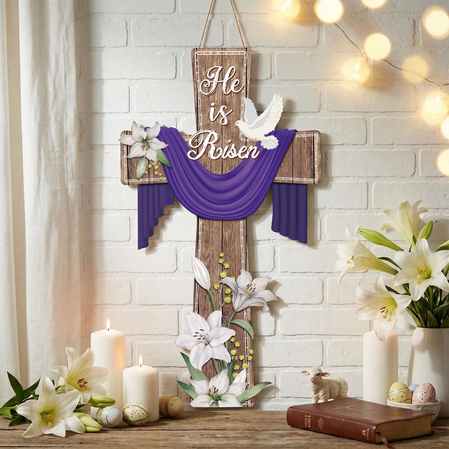 BBTO He Is Risen Easter Door Sign, 31.5 x 15.75 Inches Durable Wooden Religious Cross Hanging Decor Easter Wreaths for Front Door Christian Flowers Lent Hanging Hanger for Farmhouse Front Porch