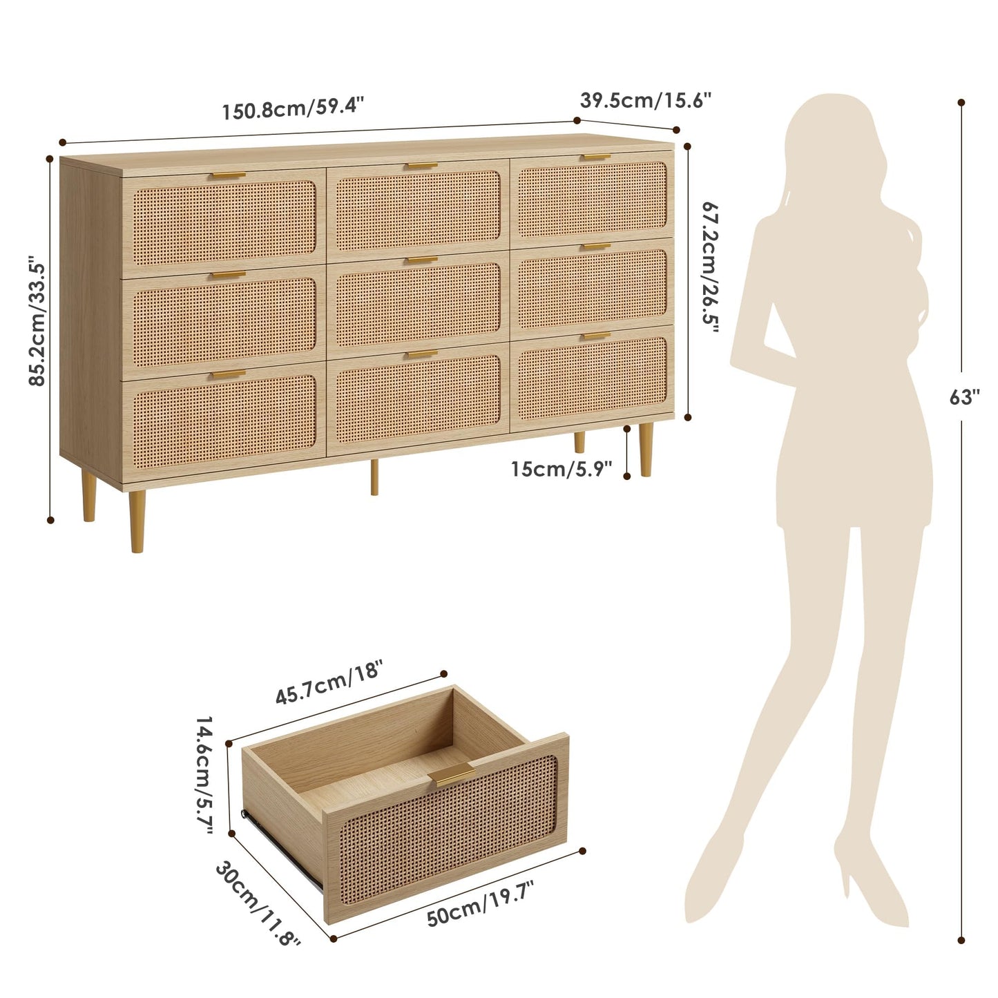 GarveeHome Rattan 9 Drawer Dressers for Bedroom, Tall Dresser with Deep Drawers, Large Chest of Drawers for Closet with Wide Top, Long Wooden Dresser for Living Room, Hallway, Kids Room, Natural