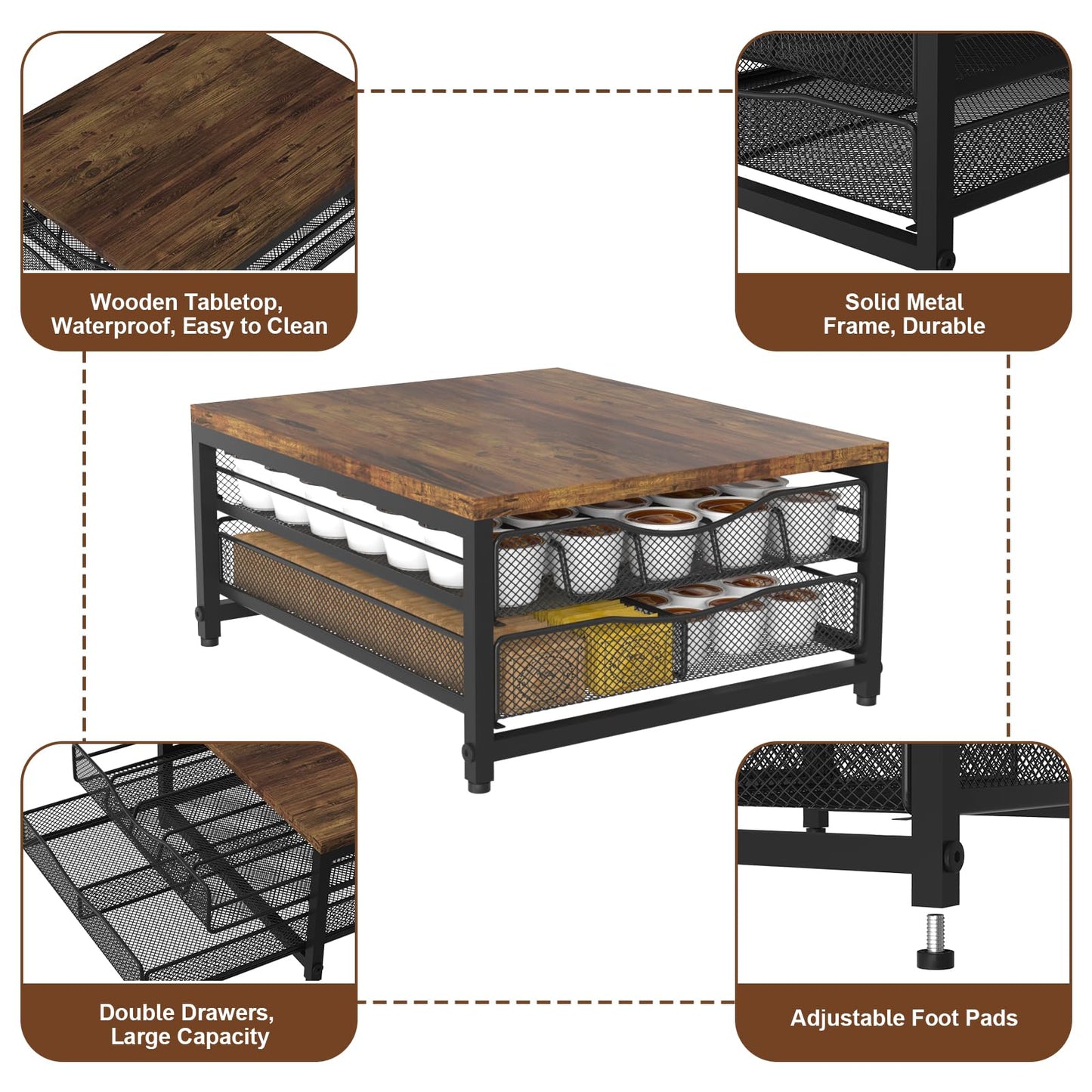 VyGrow Coffee Pod Holder For Counter, Wooden K Cup Holder with Double Layer Sliding Drawer, Large Capacity Coffee Pod Storage for Coffee Station, Home, Office, Kitchen