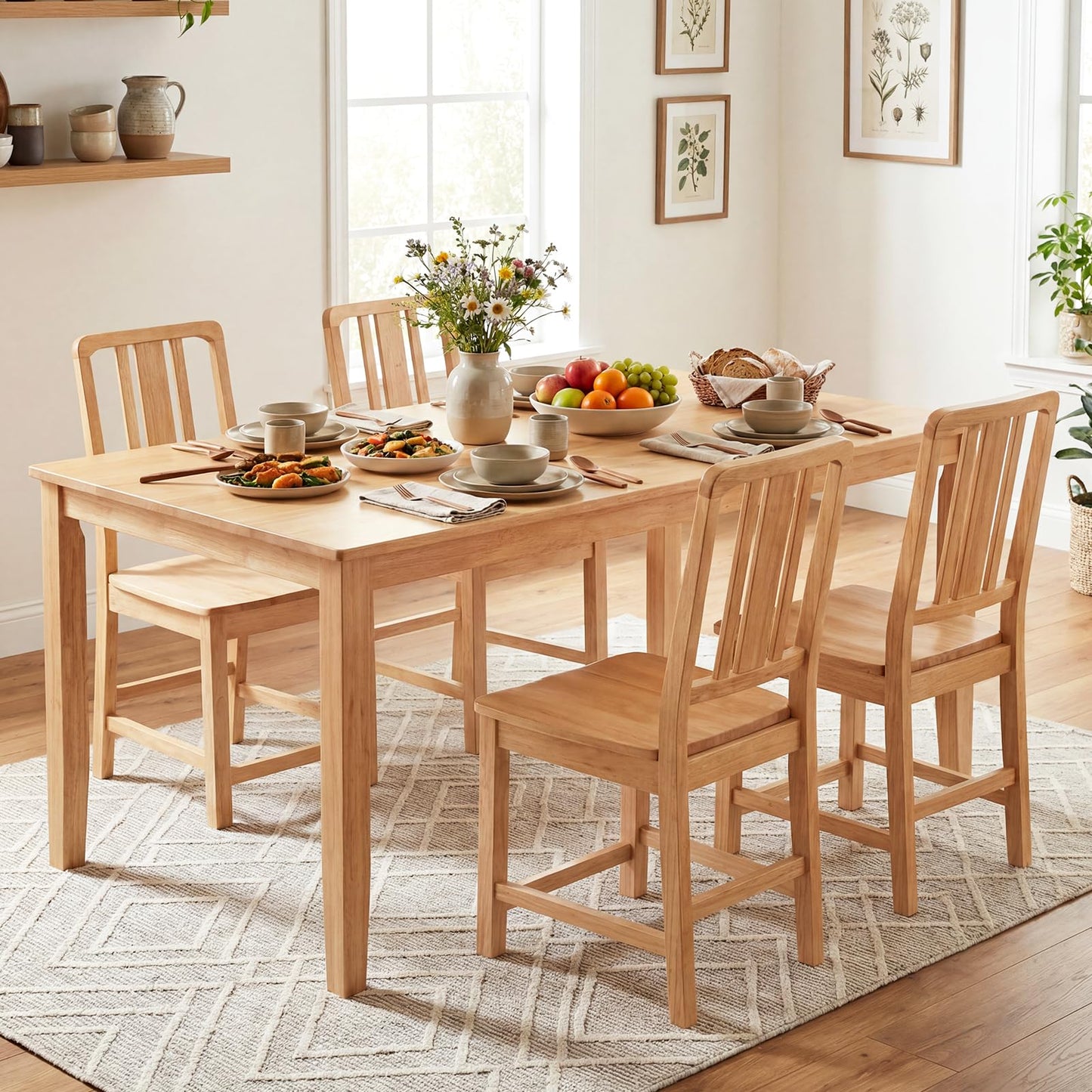 Giantex Wood Dining Chairs Set of 2, Rubber Wood Kitchen Chairs with Hollowed Backrest, Natural Dining Room Chair, Wooden Side Chairs for Living Room Restaurant
