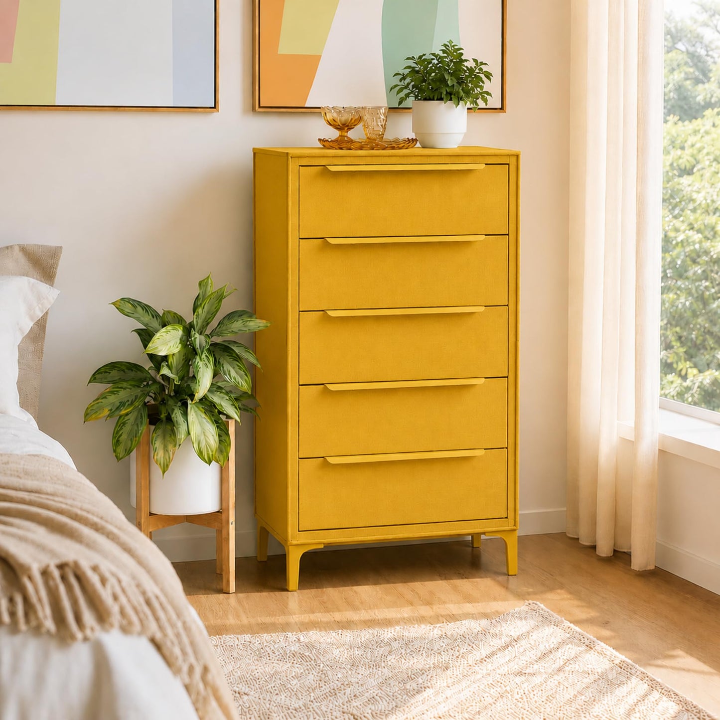 tinge Naima Premium Fabric Dresser - Strong Metal Frame, 5 Spacious Sag-Proof Drawers with Sleek Metal Handles - Premium & Durable Storage Solution for Your Home (Yellow)