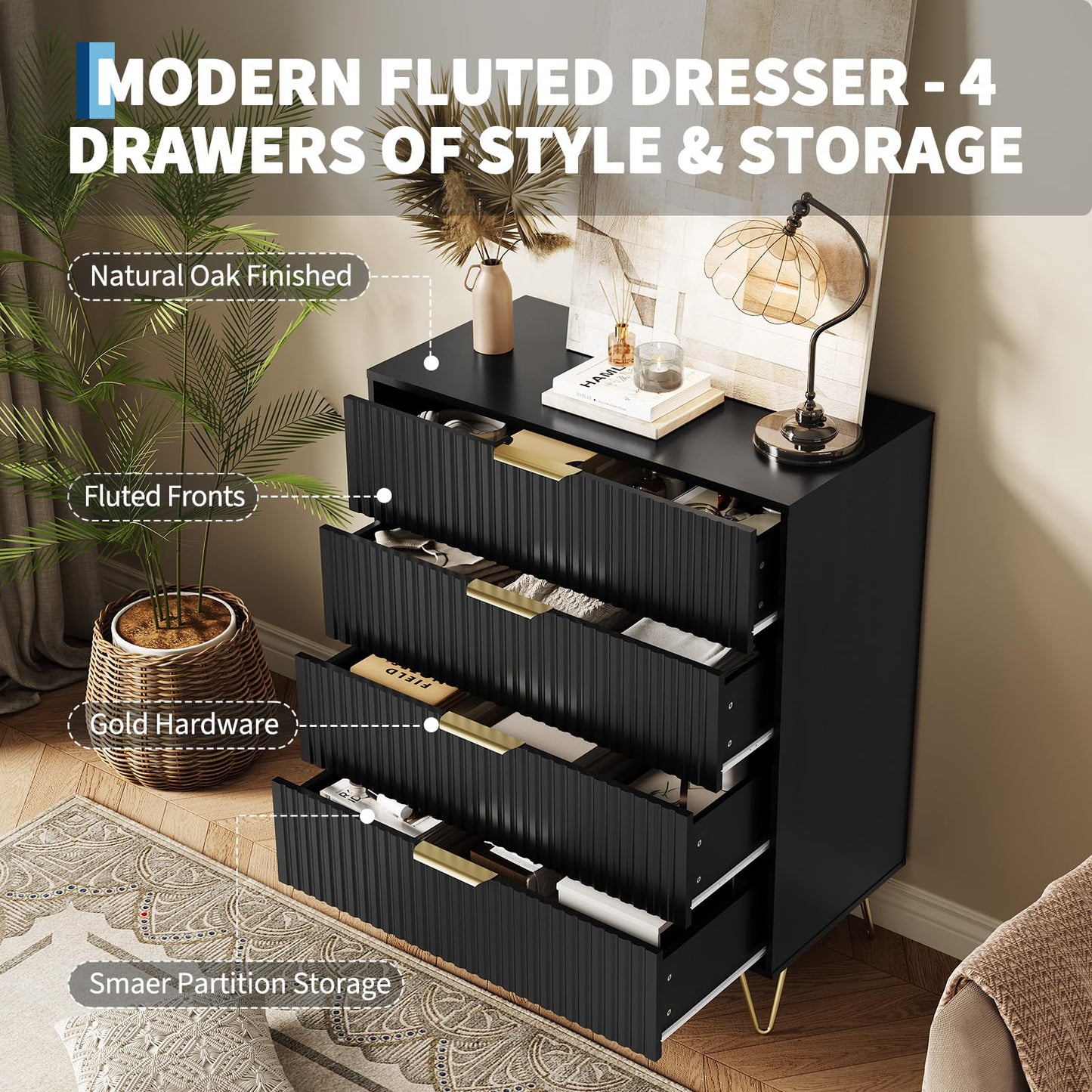 GarveeHome Fluted Dresser for Bedroom with 4 Drawers,32" Wide Modern Chest of Wooden Bedroom Chest with Metal Handle,Clothes Storage Organizer,Dresser & TV Stand for Living Room,Black