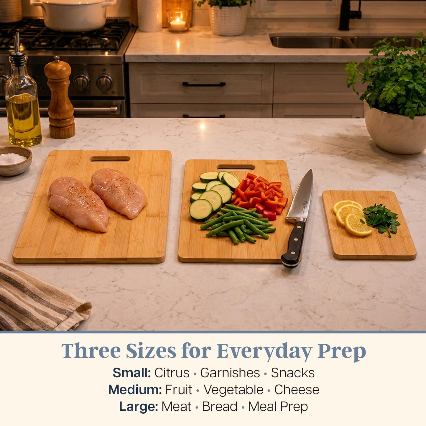 Totally Bamboo 3-Piece Bamboo Cutting Board Set, Wood Cutting Boards for Kitchen, Reversible Chopping Boards in Small, Medium, and Large Sizes