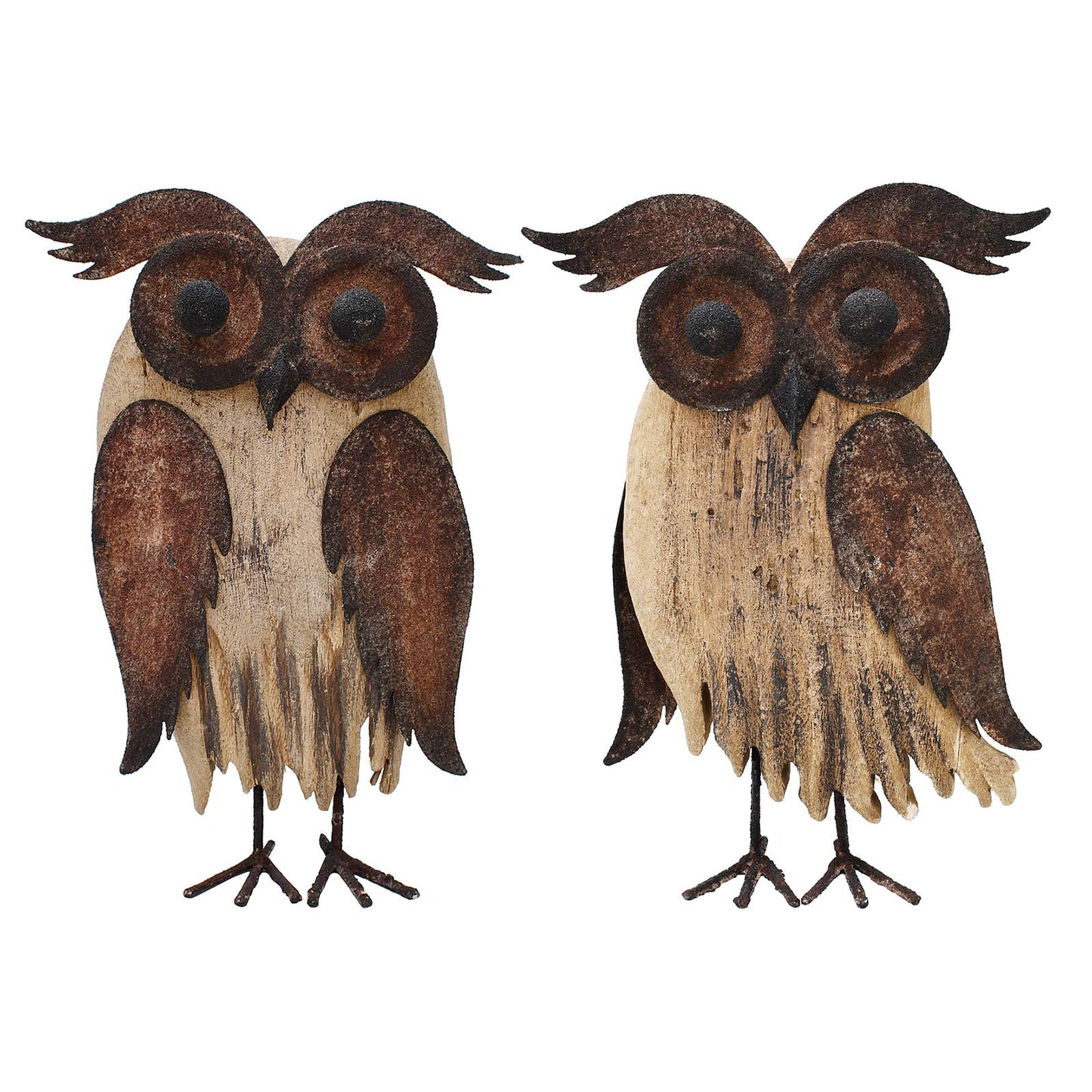 K KILIPES Rustic Owl Decorations - Metal & Wood Owl Figurines (8.5" H) for Home Tabletop Ornaments & Collectibles