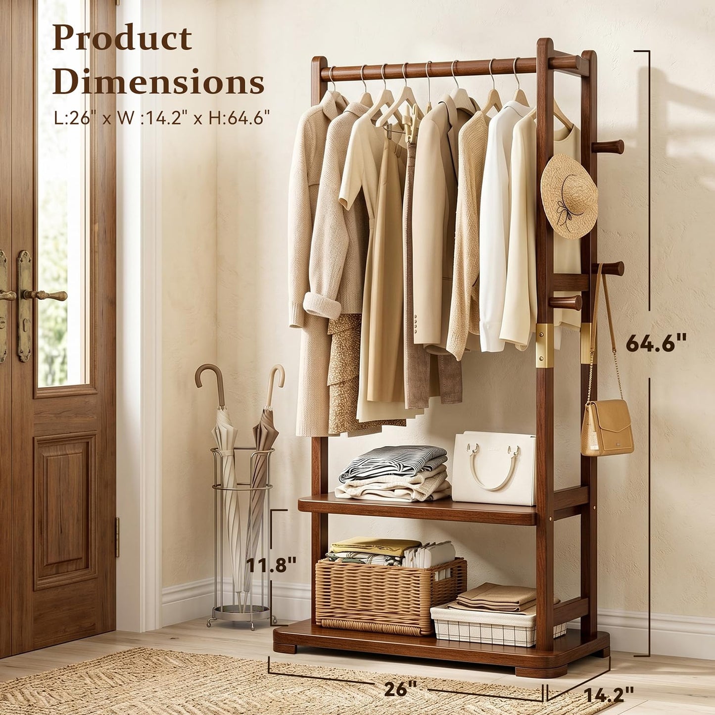 Taitiy Coat Rack Solid Wood Clothes Rack with 2 Shelves & 5 Hooks for Hanging Clothes Garment Wallets Hats, Clothing Rack Heavy Duty Coat Rack Freestanding with Storage Hall Tree for Hallway Bedroom