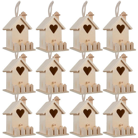 4.7" Heart & Fence Birdhouse by Make Market - Unfinished Hanging Birdhouse Made of 100% Wood, Outdoor Nesting Boxes - Bulk 12 Pack