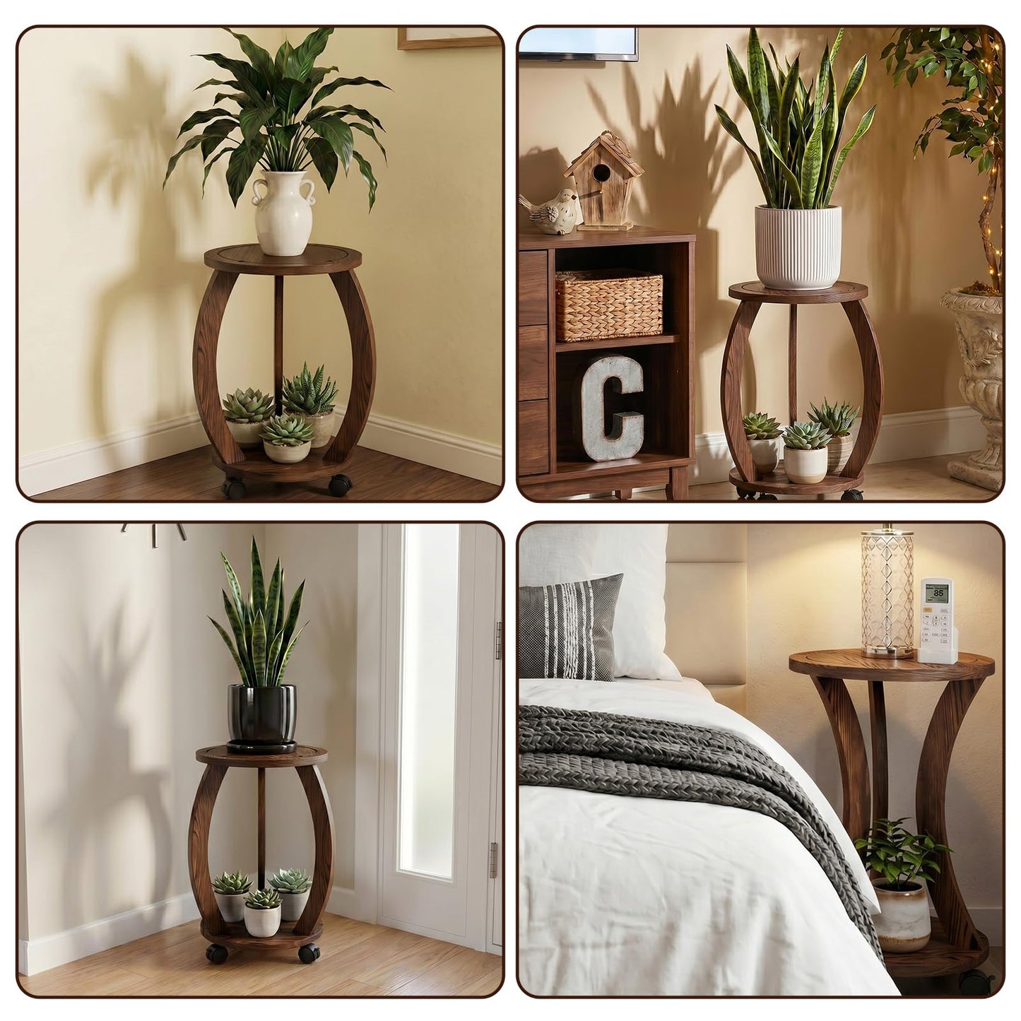 WooOrganix 2 Tier Wooden Plant Stand Indoor with Wheels – Tall Plant Stand for 6-12 Inch Pots, Mid-Century Modern Rustic Plant Table Indoor, Pedestal Stand for Corner, Living Room, Balcony, Dark Brown