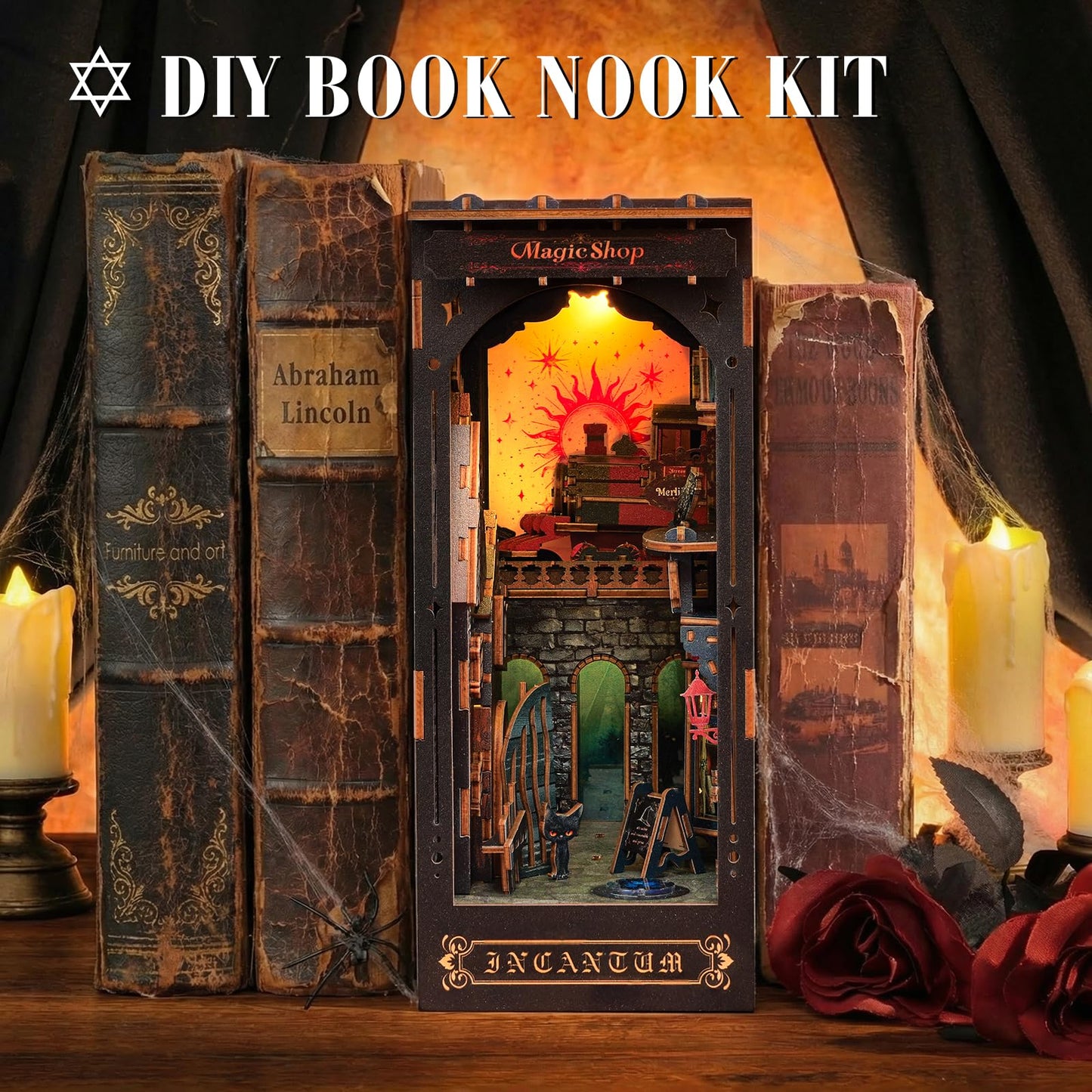 Rnfinewow Book Nook Kit Magic Steam Journey, 3D Wooden Puzzle with LED Lights, DIY Miniature Model Kit Room Home Decor, Holiday Birthday Christmas Day Gifts for Men Women Teens