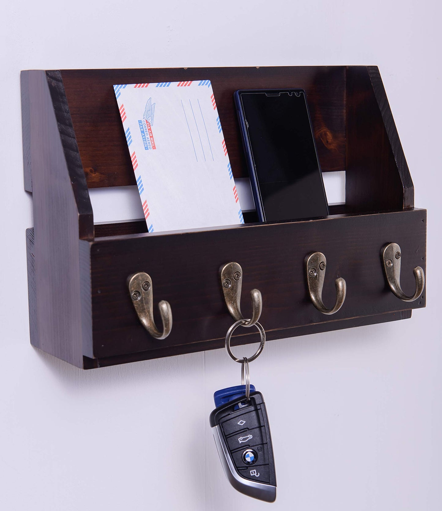 Flintar Wall Mount Key and Mail Holder with 4 Hooks. Made in Taiwan, Solid Wood. Use as Key Rack, Entryway or Mudroom Organizer, Mail & Bill Sorter, Magazine Holder (Walnut)