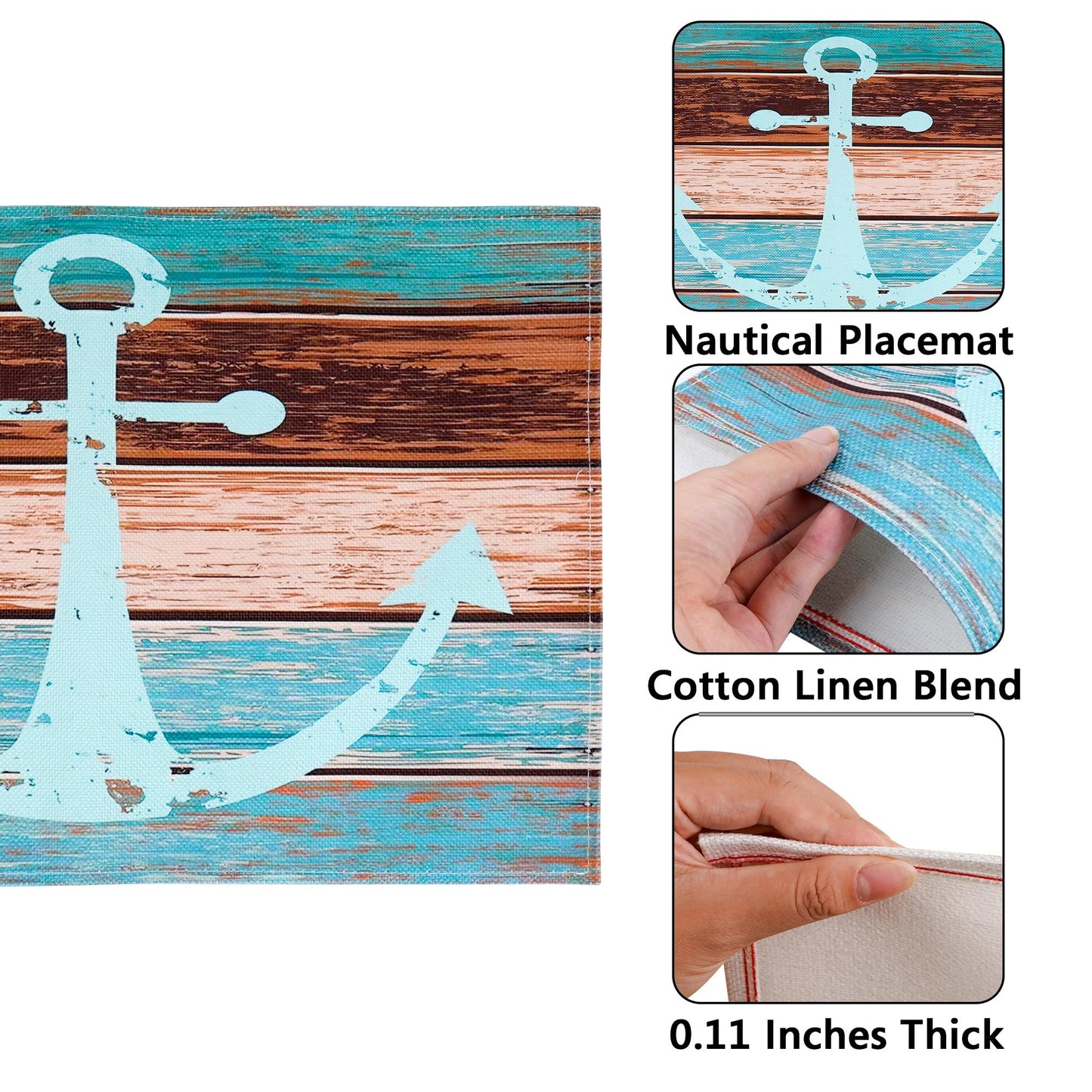 BUNCHBRAVO Nautical Placemats Set of 6 – Ship Anchor Print, Rustic Wooden Style, Kitchen Dining Table Mats for Beach Homes, Farmhouses, Lakehouses