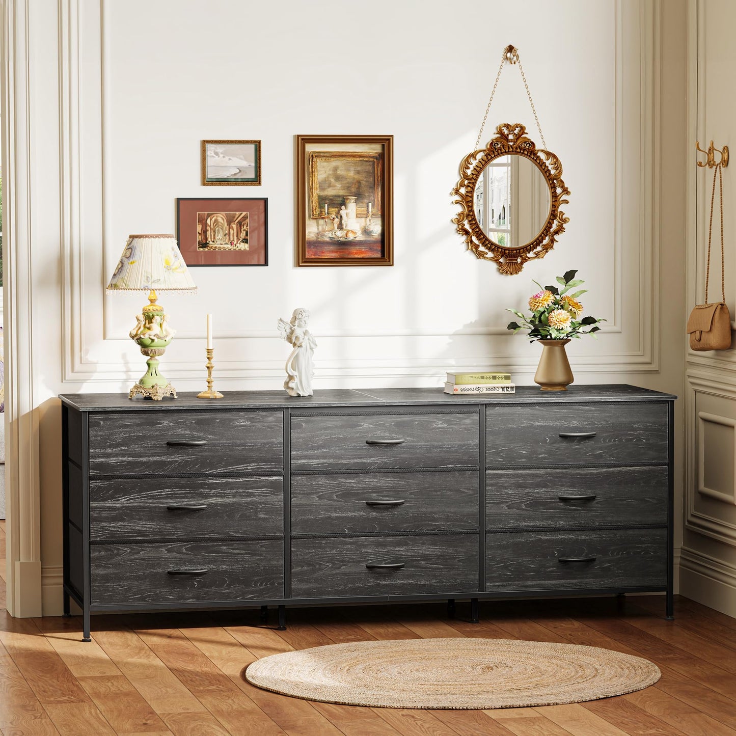 Huuger 63 Inch Dresser for Bedroom, Dresser for Closet with 9 Fabric Drawers, Large TV Stand for 55, 65, 70 Inch TV, Entertainment Center, Wide Long Chest of Drawers, Charcoal Black Wood Grain Print