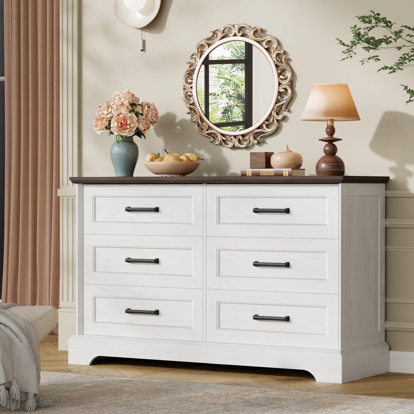 Furmax Farmhouse Dresser for Bedroom, 6 Drawers Dresser, Wood Chest of Drawers, 47.2" Wide Storage Dressers Organizer for Bedroom, Living Room, White and Brown