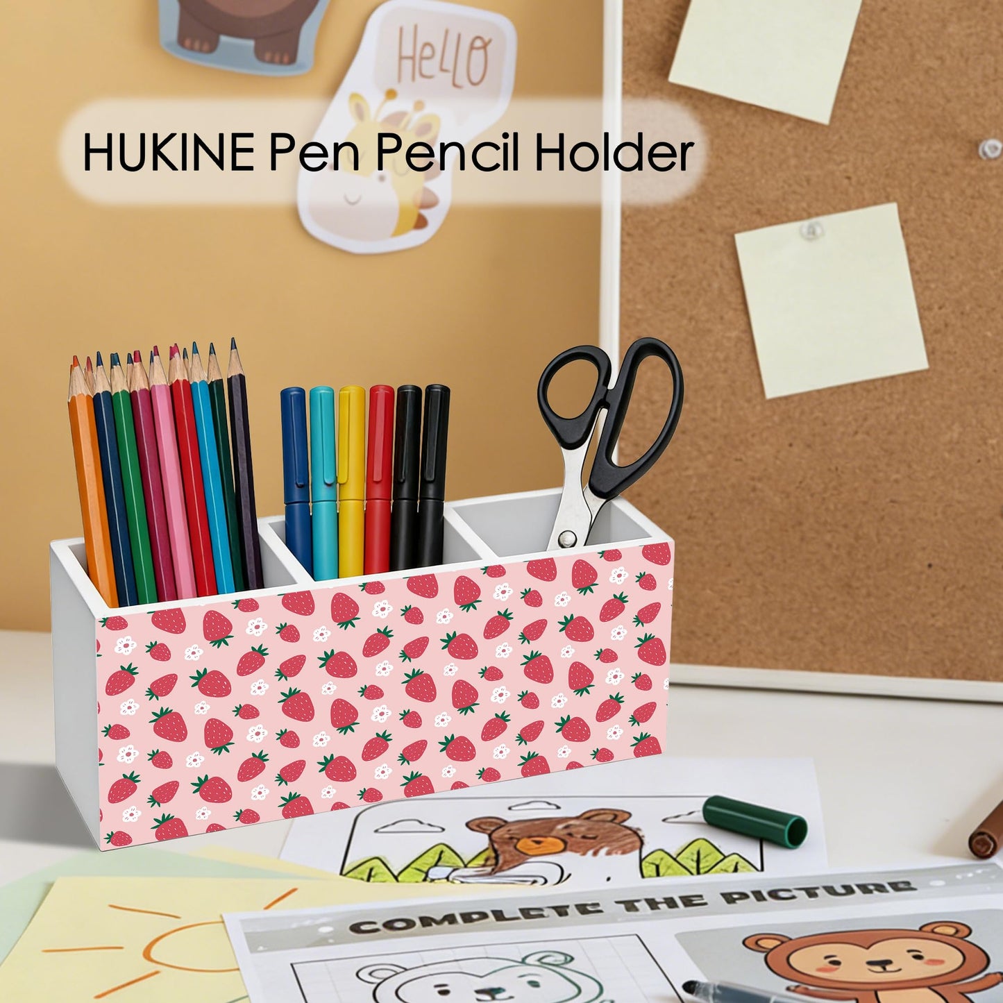 HUKINE Pink Strawberry Pen Holder for Desk Decoration, Preppy Girly Aesthetic Wooden Box Sign Pencil Holder Organizer for Home Office Desk Accessories, Strawberry Gifts for Women Girls