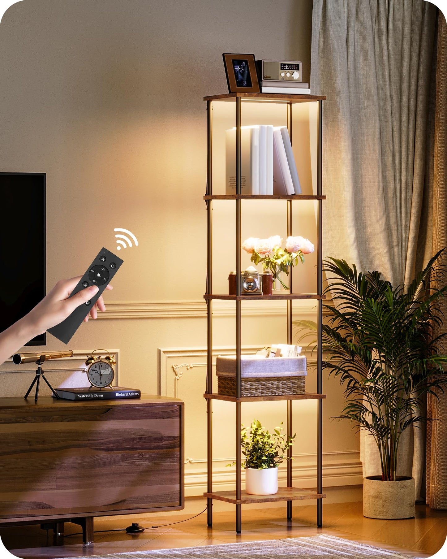 GOEBLESON Display Shelf with Light, 5-Tier Modern Shelf Lamp, Corner Floor Lamp with Shelves, Dimmable LED Floor Lamp for Living Room with Remote, 3CCT, Timer, Wooden Corner Shelf Lamp, F52LD05