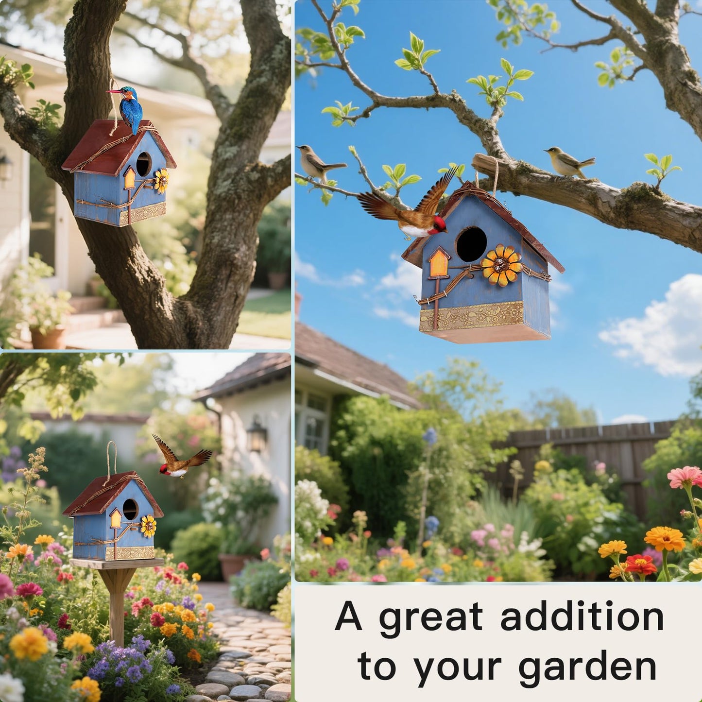 DEWEL Bird Houses for Outside Clearance, Hanging Birdhouses for Outdoors, Garden Wooden Blue Bird Houses for Outdoors, Bird Nesting Box for Bluebird Finch Swallow Wren Chickadee, Gift for Bird Lovers