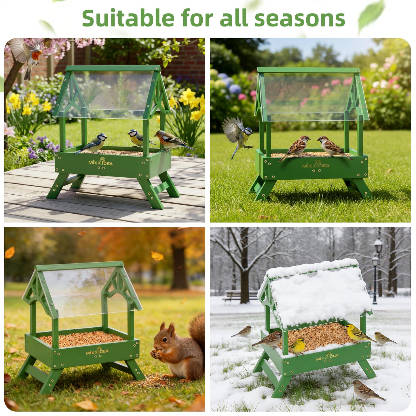 MIXXIDEA Ground Bird Feeder for Outdoors - Bird Feeder with shelter for Bird &Squirrel Wooden Chicken Picnic Table Platform Feeder Wild Bird Feed Crow Feeder for Outside with 5 LBS Capacity