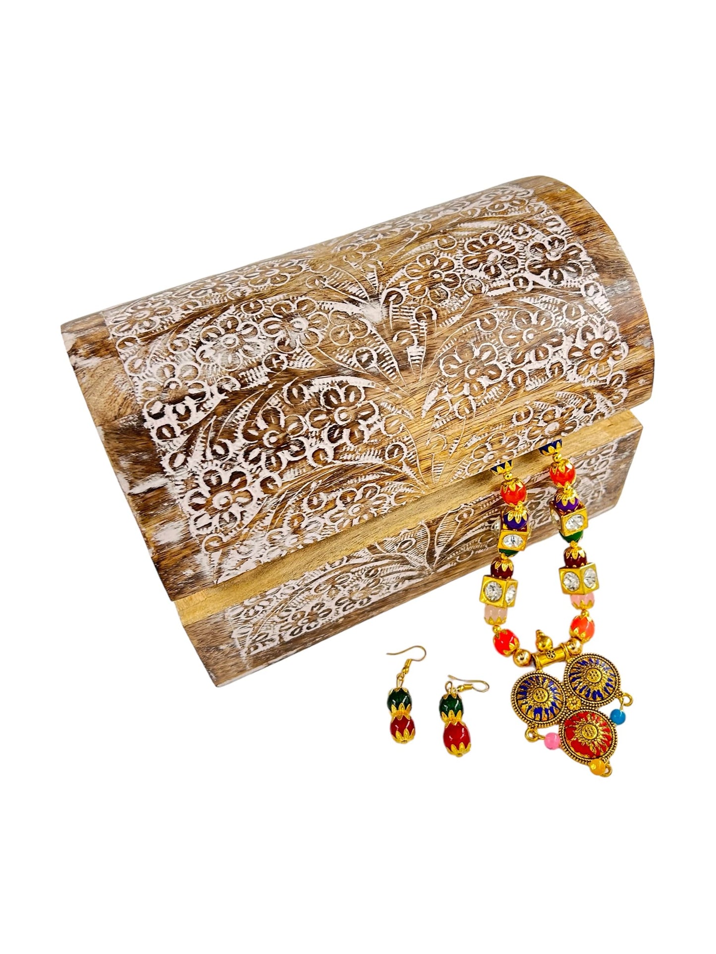 S.B.ARTS Premium Handmade Wooden Treasure Chest Decorative Trunk for Keepsakes Semicircular Curved Floral Jewellery Box Trinket Box Ladies Jewellery Storage Case Handcrafted Home Decor (White & Brown)