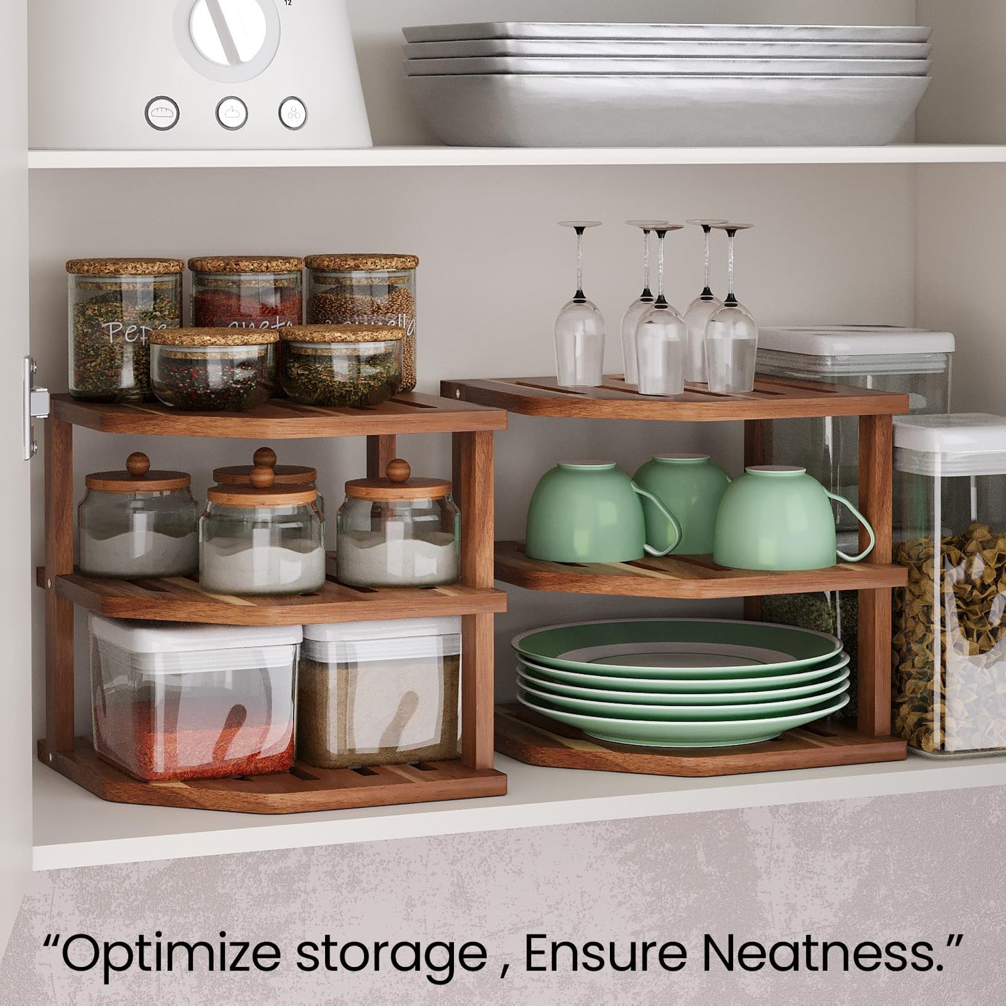 VERTORGAN 3 Tier Acacia Wood Corner Shelf(2 Pack),Dish Drying Rack,Plate Organizer,Kitchen Spice Rack for Countertop and Cabinet,Pantry Organization and Storage
