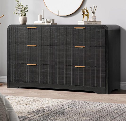 Jocoevol Modern 6 Drawer Dresser for Bedroom, 47" Wide Wood Dressers & Chests of Drawers Curved Profile Design, Mid Century Modern Fluted Dresser for Bedroom, Black Dresser