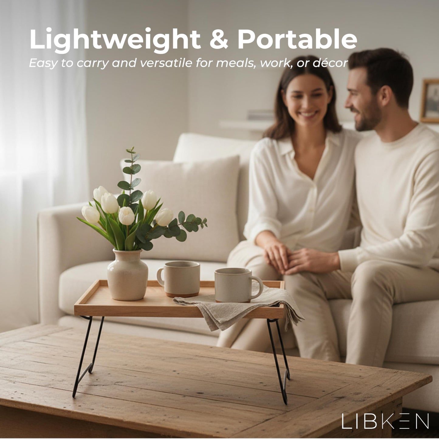 Libken Rubberwood Serving Tray with Foldable Legs – Minimal Scandinavian Design Bed Tray Table – Elegant Wooden Breakfast in Bed Tray, Food Serving Tray for Eating, Snacks, Reading & Laptop Use