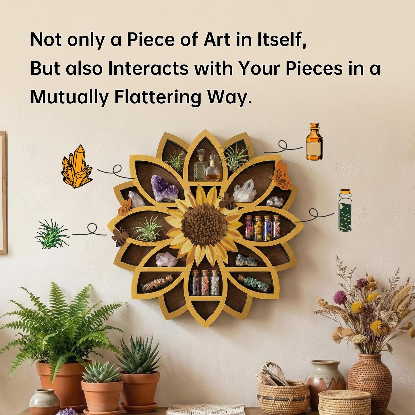Sunflower Gifts Sunflower Decor Wall Shelf for Women with Lifelike Flower & Bee Accents, Wooden Floating Shelves Trinket Crystal Display Shelf Boho Decor for Home Bedroom, Birthday Gift for Her