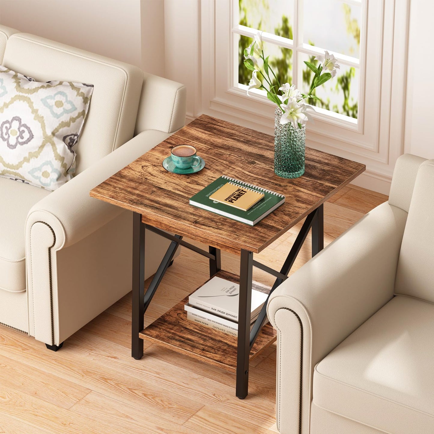 GreenForest Square End Table for Living Room, 24 Inch Large Side Table with X-Frame, Farmhouse Tall Bedside Nightstand with 2-Tier Storage Shelf, Rustic Walnut