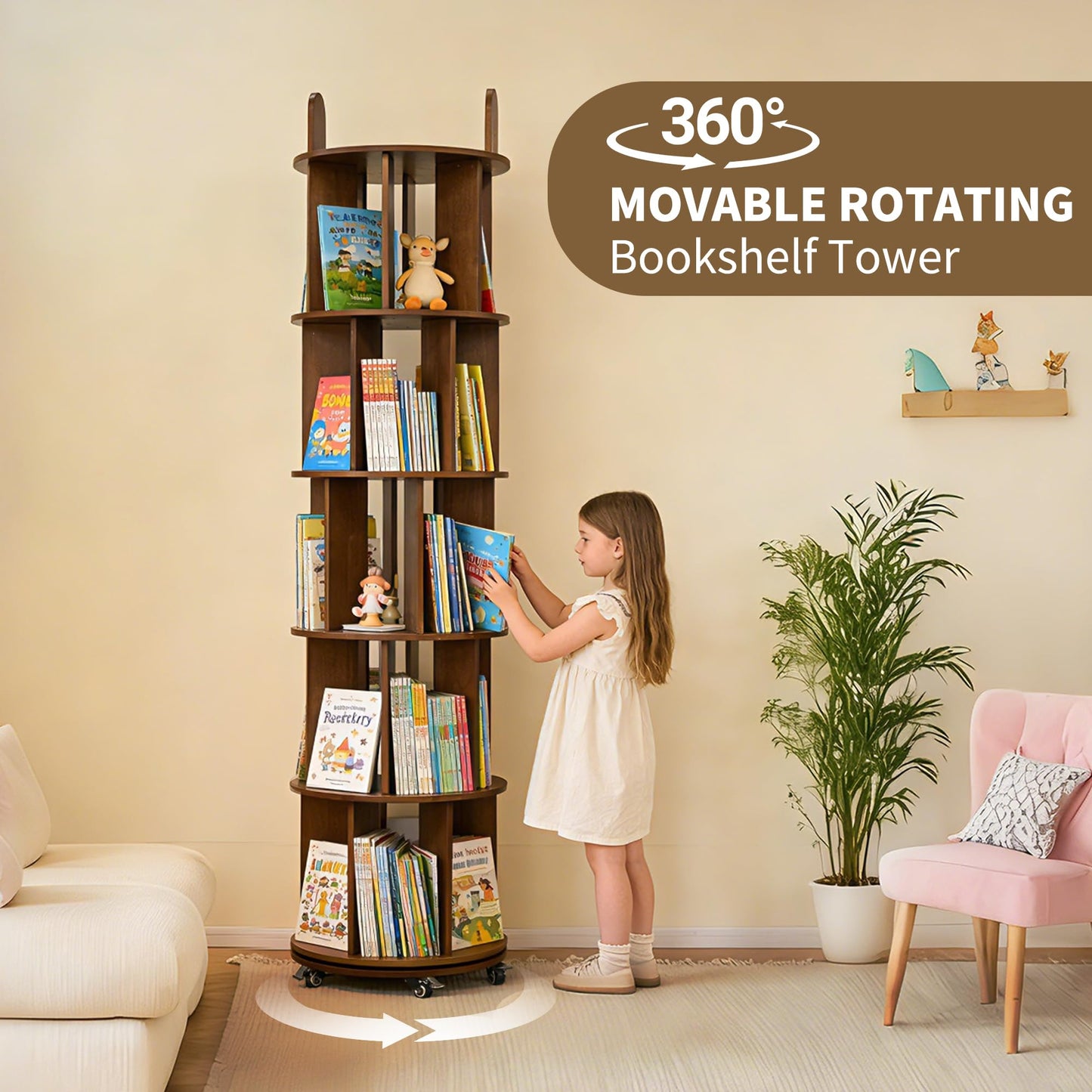 Kryonix Rotating Bookshelf, Solid Wood 5 Tier Spinning Book Shelf Tower, 360° Revolving Bookcase on Wheels, Corner Round Rolling Bookshelves for Small Spaces, Bedroom, Office, Kids Room (Walnut)